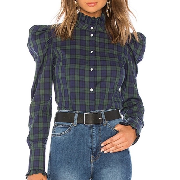 Petersyn Tops - Petersyn Sasha Plaid Blouse Western Prairie XS Navy Green Puff Sleeve